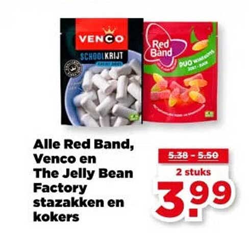 Alle Red Band, Venco en The Jelly Bean Factory stazakken en kokers