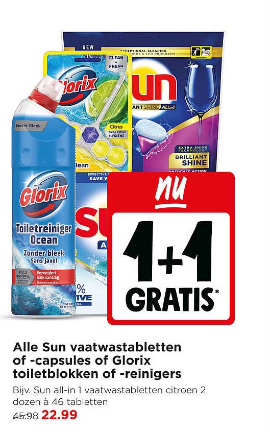 Alle Sun vaatwastabletten of -capsules of Glorix toiletblokken of -reinigers 1+1 GRATIS
