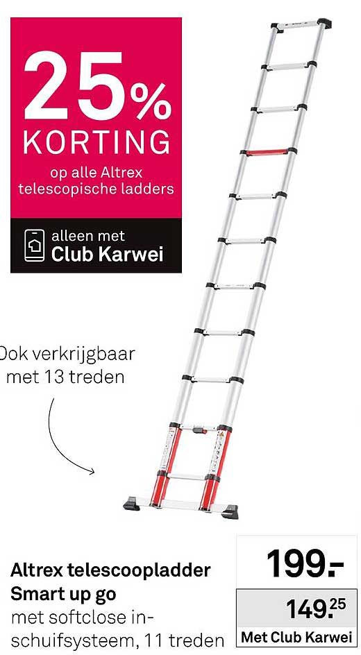 Altrex telescopladder Smart up go met softclose in-schuitsysteem, 11 treden 25% KORTING op alle Altrex telescopische ladders alleen met Club Karwei