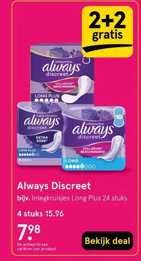 Always Discreet bijv. Inlegkruisjes Long Plus 24 stuks 2+2 gratis