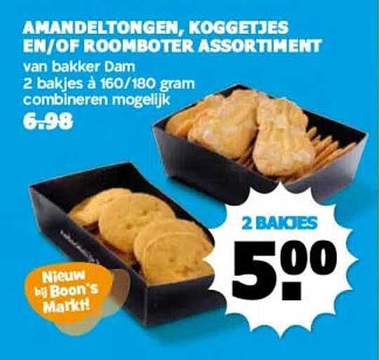AMANDELTONGEN, KOGGETJES EN/OF ROOMBOTER ASSORTIMENT van bakker Dam 2 bakjes à 160/180 gram combineren mogelijk
