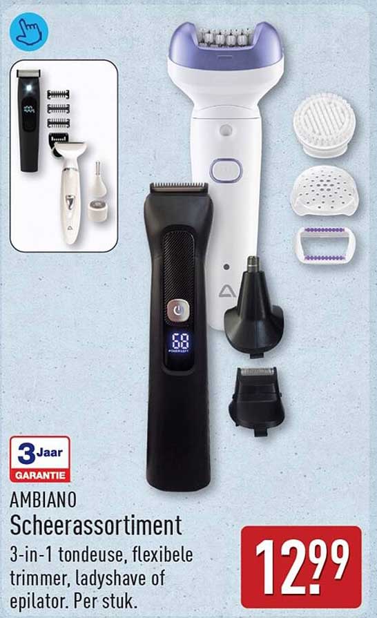 AMBIANO Scheerassortiment 3-in-1 tondeuse, flexibele trimmer, ladyshave of epilator. Per stuk.