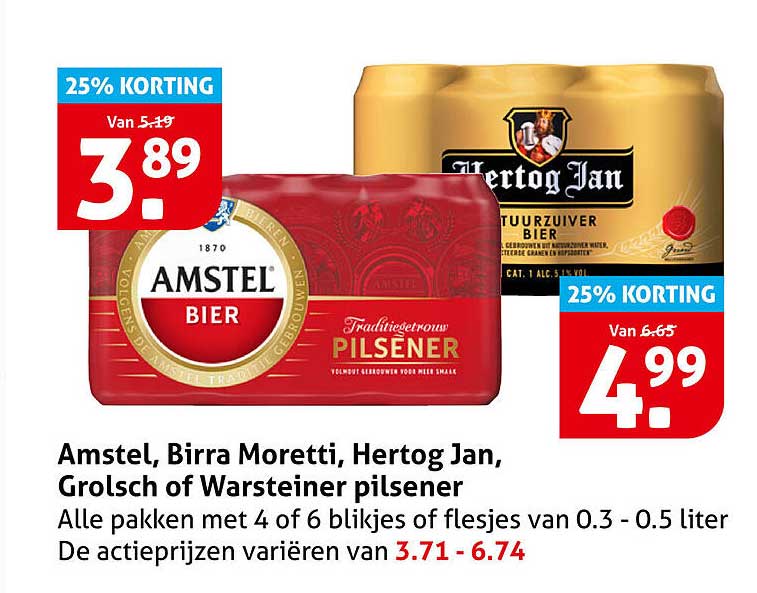 Amstel, Birra Moretti, Hertog Jan, Grolsch of Warsteiner pilsener