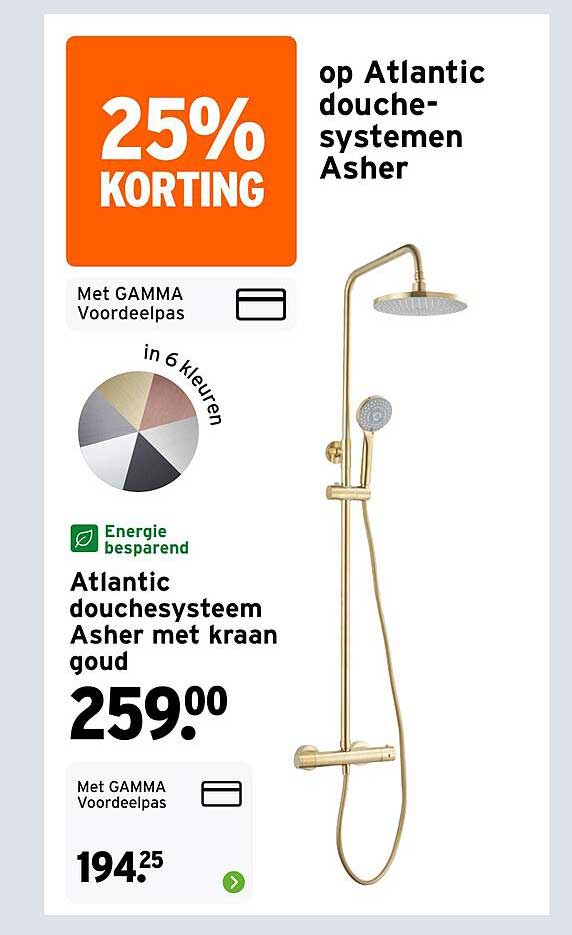 Atlantic douchesysteem Asher met kraan goud 25% KORTING