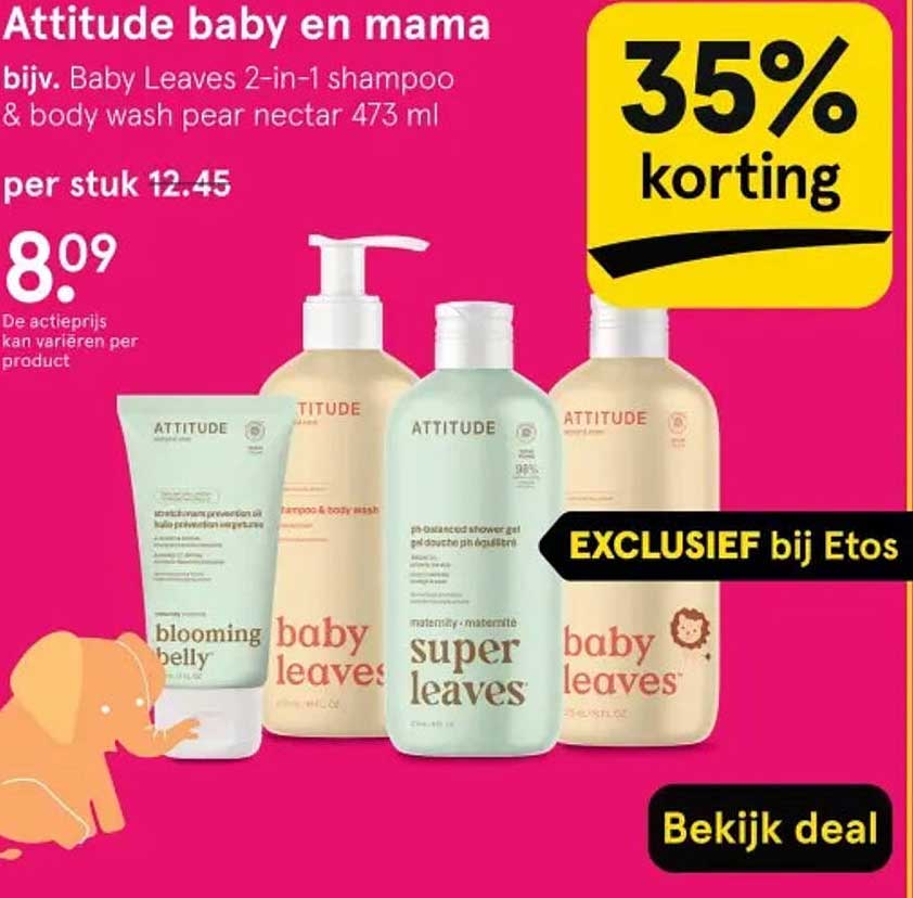 Attitude baby en mama bijv. Baby Leaves 2-in-1 shampoo & body wash pear nectar 473 ml 35% korting