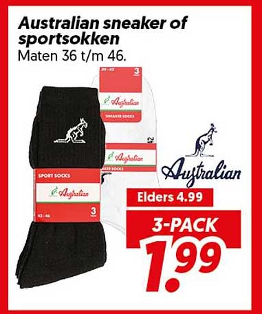 Australian sneaker of sportsokken Maten 36 t/m 46. 3-PACK