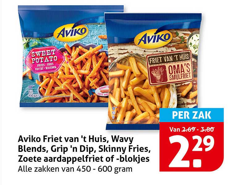 Aviko Friet van 't Huis, Wavy Blends, Grip 'n Dip, Skinny Fries, Zoete aardappelfriet of -blokjes
