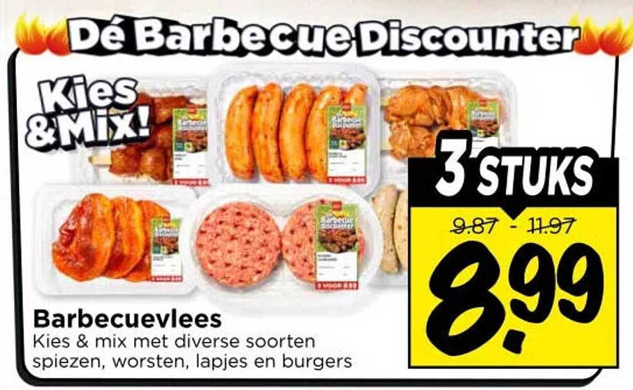 Barbecuevlees Kies & mix met diverse soorten spiezen, worsten, lapjes en burgers 3 stuks