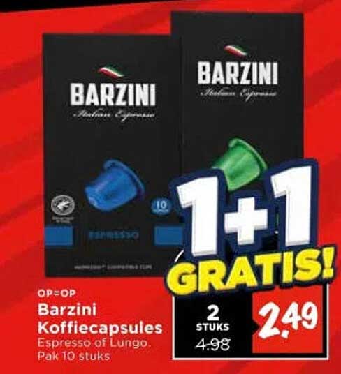 Barzini Koffiecapsules Espresso of Lungo Pak 10 stuks 1+1 gratis