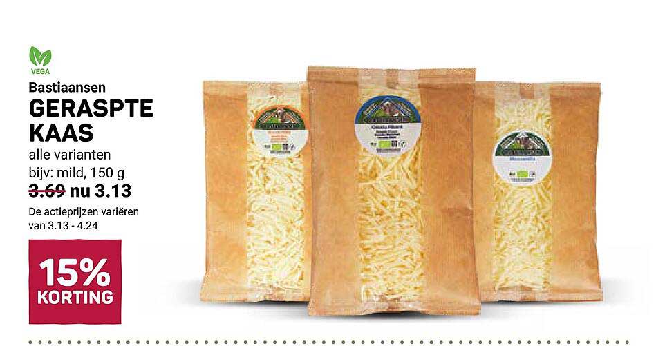 Bastiaansen GERASPTE KAAS alle varianten bijv: mild, 150 g 15% KORTING