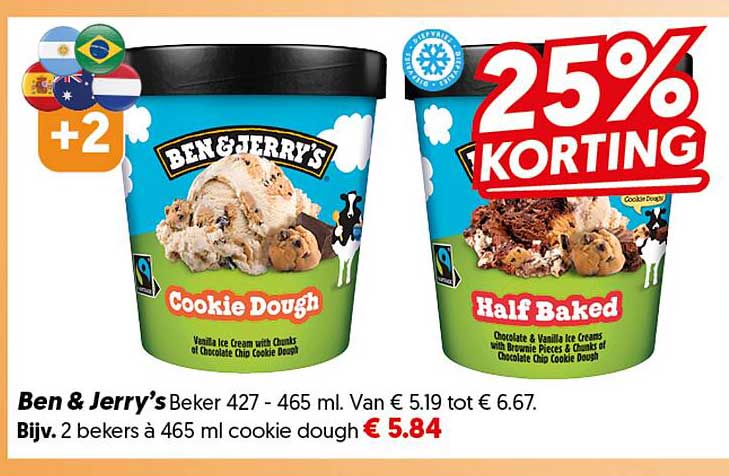 Ben & Jerry's Beker 427 - 465 ml. Van € 5.19 tot € 6.67. Bijv. 2 bekers à 465 ml cookie dough 25% KORTING