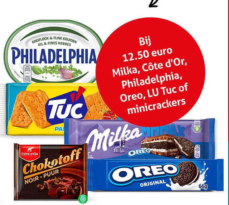 Bij 12.50 euro Milka, Côte d'Or, Philadelphia, Oreo, LU Tuc of mincrackers