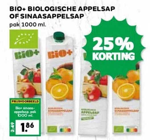 BIO+ BIOLOGISCHE APPELSAP OF SINASAPPELSAP pak 1000 ml. 25% KORTING