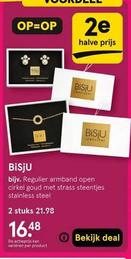 BiSJU bijv. Regulier armband open cirkel goud met strass steentjes stainless steel 2e halve prijs