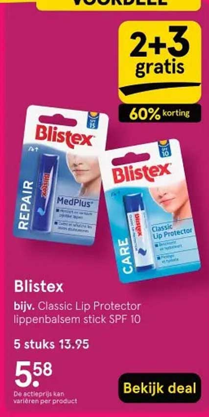 Blistex bijv. Classic Lip Protector lippenbalsem stick SPF 10 2+3 gratis