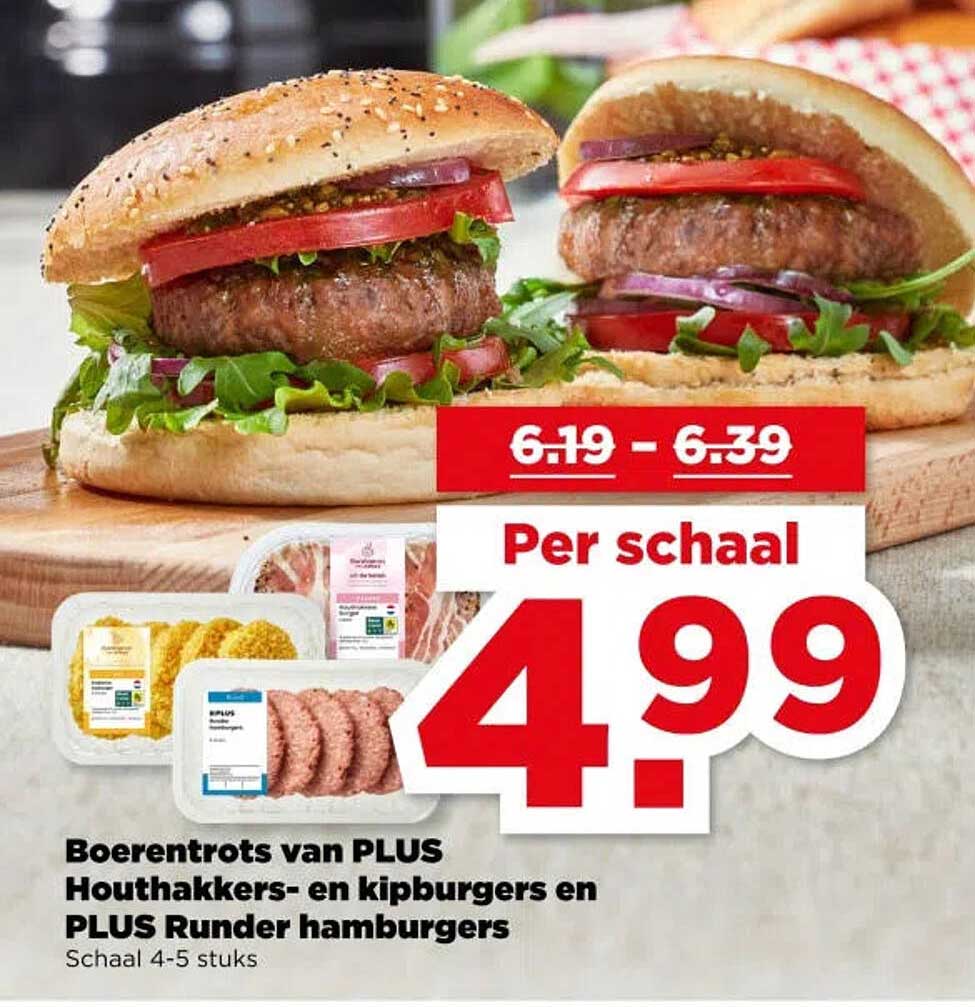 Boerentrots van PLUS Houthakkers- en kipburgers en PLUS Runder hamburgers