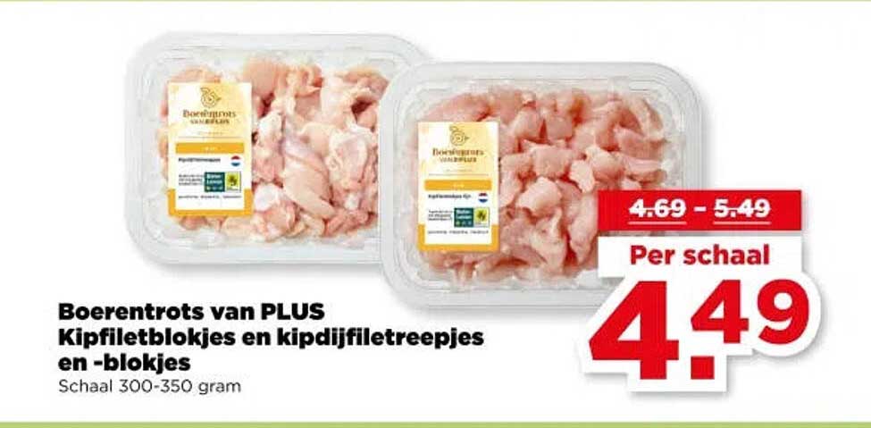 Boerentrots van PLUS Kipfiletblokjes en kipdijfiletreepjes en -blokjes