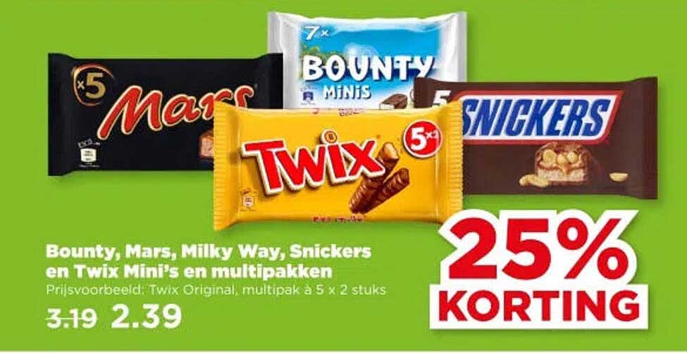 Bounty, Mars, Milky Way, Snickers en Twix Mini's en multipakken 25% KORTING