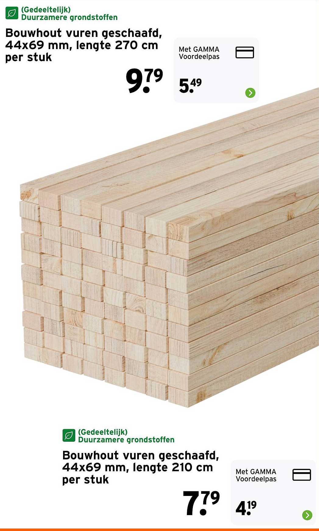 Bouwhout vuren geschaafd, 44x69 mm, lengte 270 cm per stuk