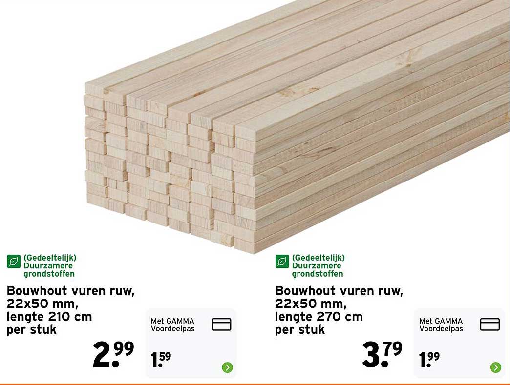 Bouwhout vuren ruw, 22x50 mm, lengte 210 cm per stuk