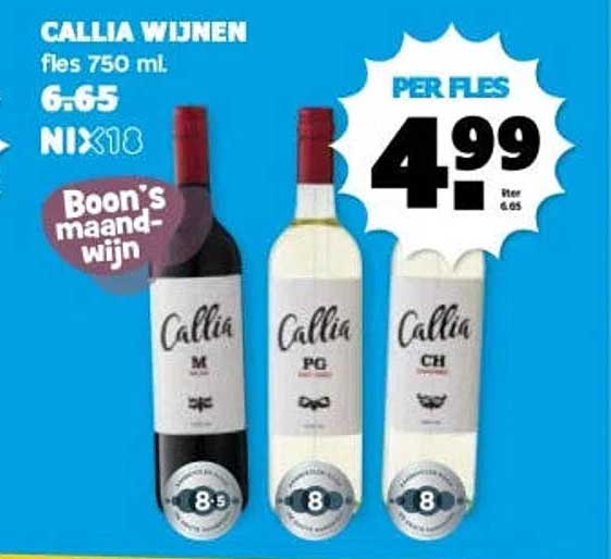 CALLIA WIJNEN fles 750 ml. Boon's maand-wijn