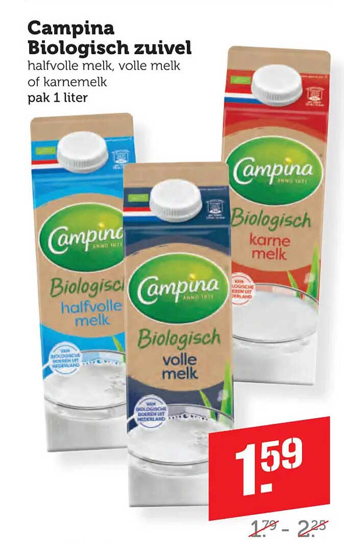 Campina Biologisch zuivel halfvolle melk, volle melk of karnemelk pak 1 liter