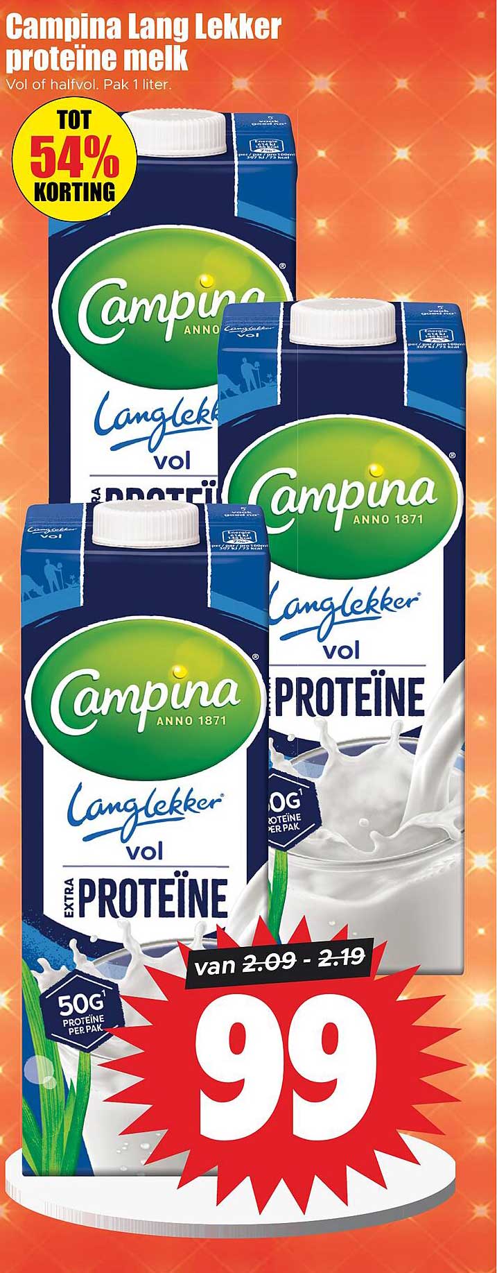 Campina Lang Lekker proteïne melk Vol of halfvol. Pak 1 liter.