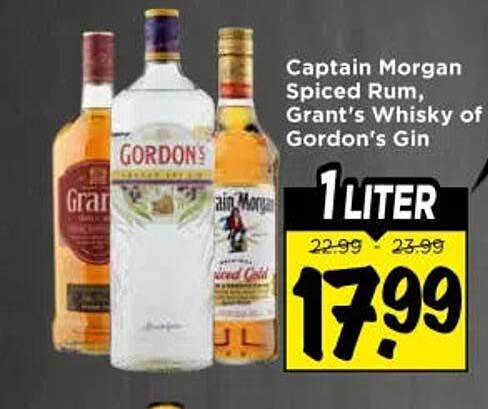 Captain Morgan Spiced Rum, Grant's Whisky of Gordon's Gin 1 Liter