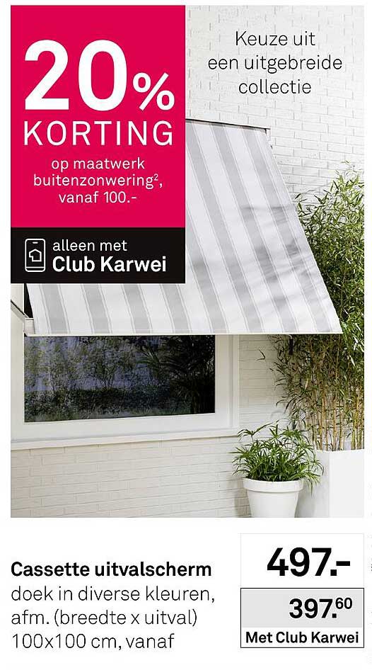 Cassette uitvalscherm doek in diverse kleuren, afm. (breedte x uitval) 100x100 cm, vanaf 20% KORTING