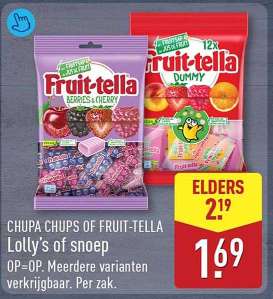 CHUPA CHUPS OF FRUIT-TELLA Lolly’s of snoep OP=OP. Meerdere varianten verkrijgbaar. Per zak.