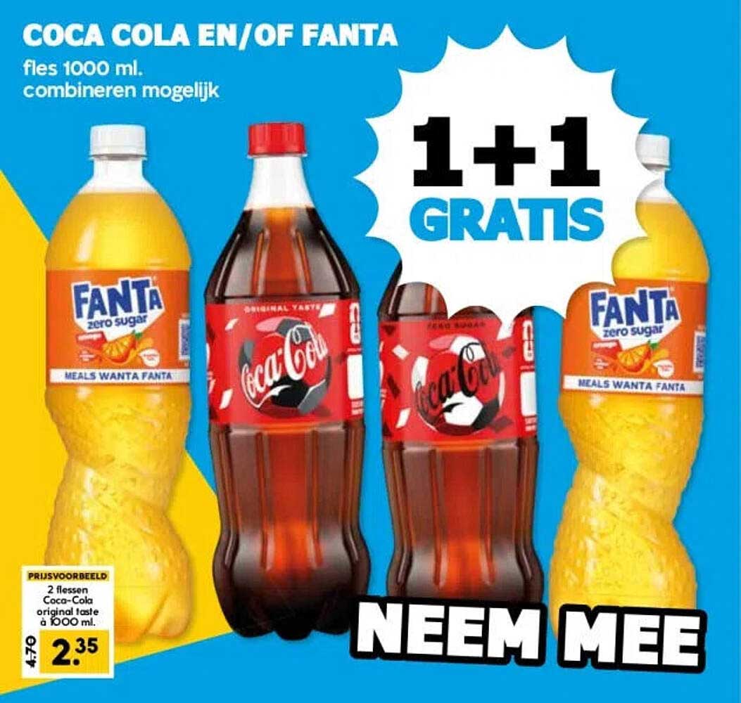 COCA COLA EN/OF FANTA fles 1000 ml, combineren mogelijk 1+1 GRATIS