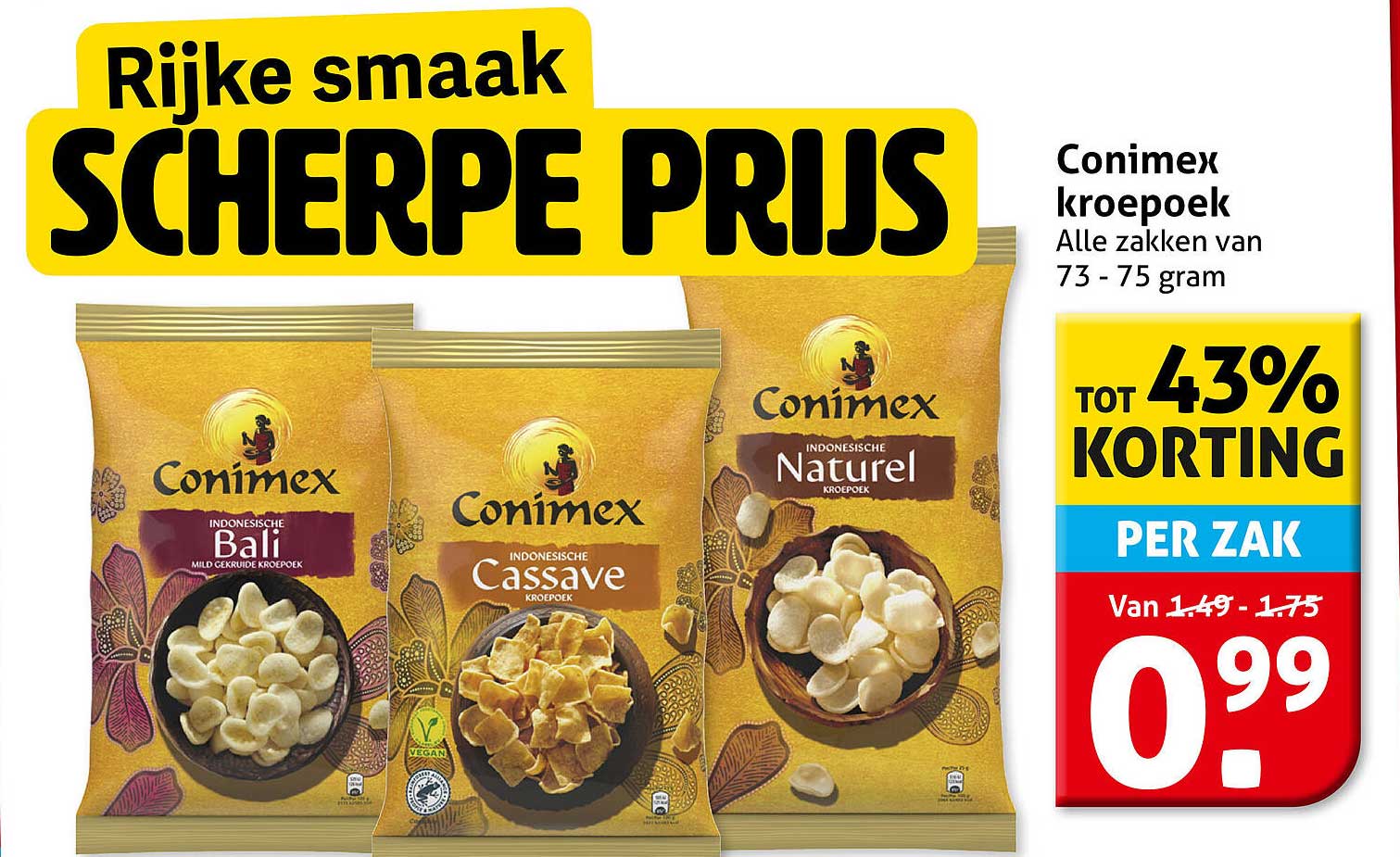 Conimex kroepoek Alle zakken van 73 - 75 gram TOT 43% KORTING PER ZAK