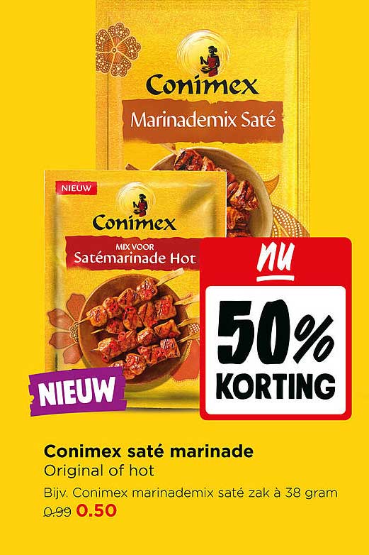 Conimex saté marinade Original of hot 50% KORTING