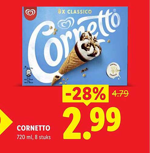 CORNETTO 720 ml, 8 stuks -28%