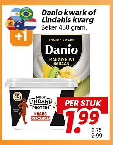 Danio kwark of Lindahls kvarg Beker 450 gram PER STUK