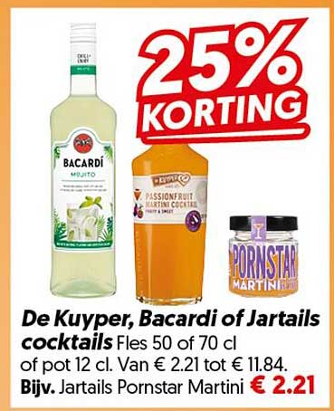 De Kuyper, Bacardi of Jartails cocktails fles 50 cl of 70 cl 25% KORTING