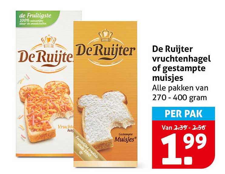 De Ruijter vruchtenhagel of gestampte muisjes Alle pakken van 270 - 400 gram PER PAK