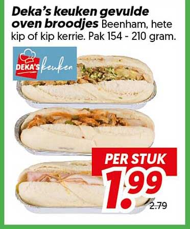 Deka’s keuken gevulde oven broodjes Beenham, hete kip of kip kerrie. Pak 154 - 210 gram. PER STUK