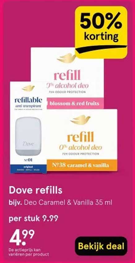 Dove refills bijv. Deo Caramel & Vanilla 35 ml 50% korting