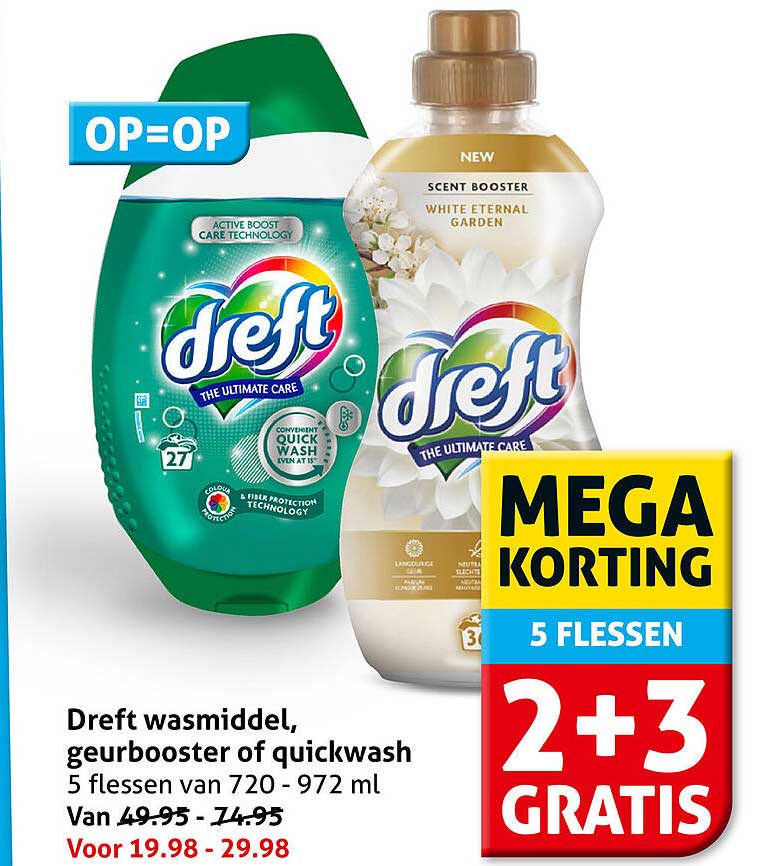 Dreft wasmiddel, geurbooster of quickwash 5 flessen van 720 - 972 ml 2+3 GRATIS