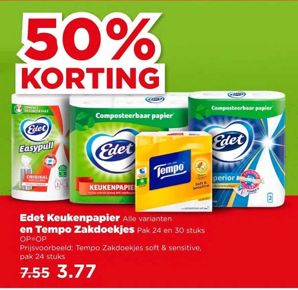 Edet Keukenpapier Alle varianten en Tempo Zakdoekjes Pak 24 en 30 stuks OP=OP 50% KORTING