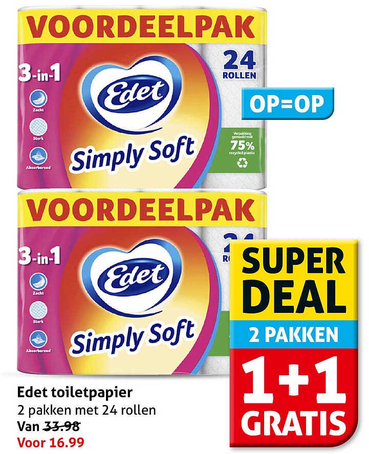 Edet toiletpapier 2 pakken met 24 rollen 1+1 GRATIS