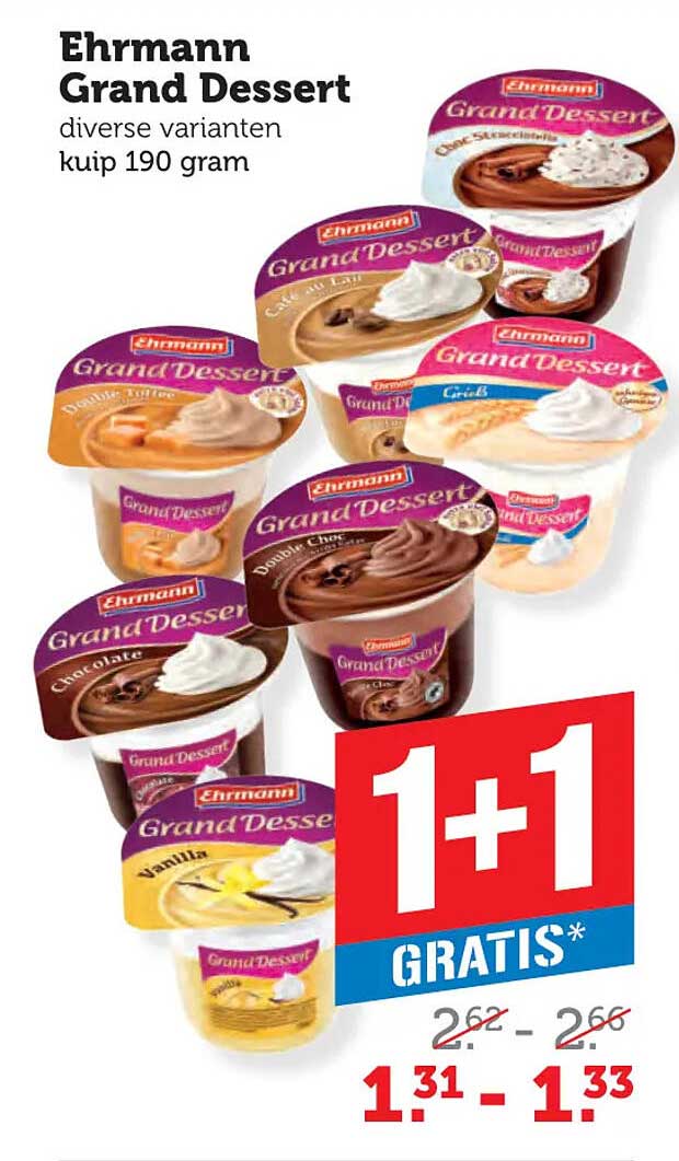 Ehrmann Grand Dessert diverse varianten kuip 190 gram 1+1 gratis