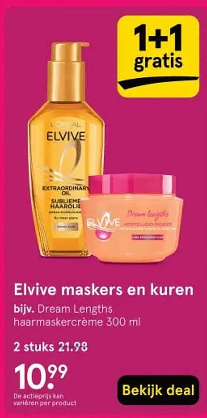 Elvive maskers en kuren bijv. Dream Lengths haarmaskercrème 300 ml 1+1 gratis