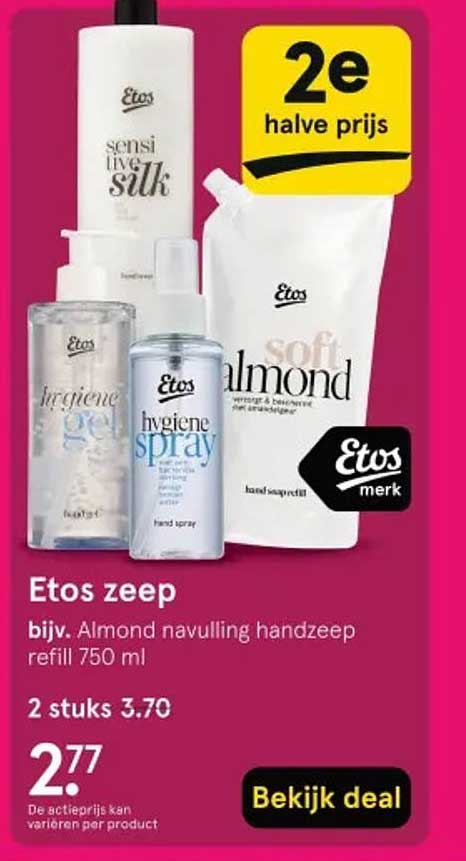 Etos zeep bijv. Almond navulling handzeep refill 750 ml 2e halve prijs