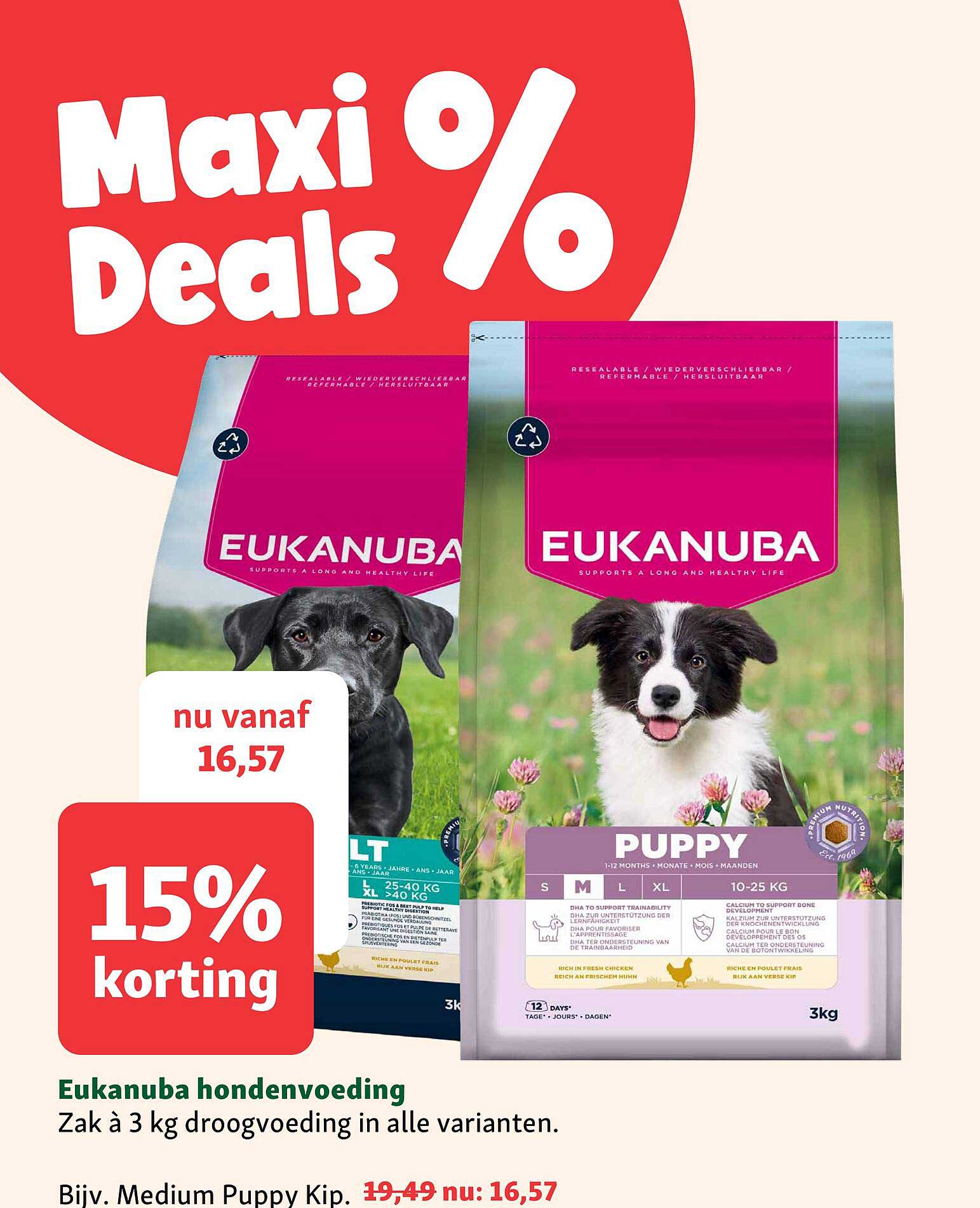 Eukanuba hondenvoeding Zak à 3 kg droogvoeding in alle varianten. 15% korting