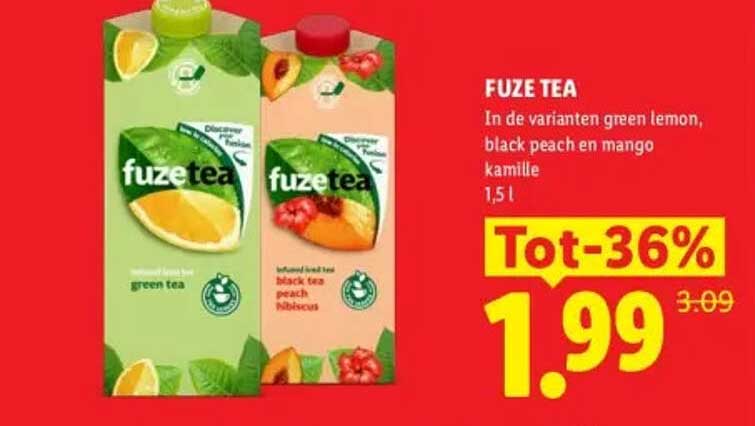 FUZE TEA In de varianten green lemon, black peach en mango kamille 1,5 l Tot-36%
