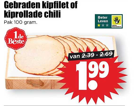 Gebraden kipfilet of kiprollade chili Pak 100 gram. 1de Beste