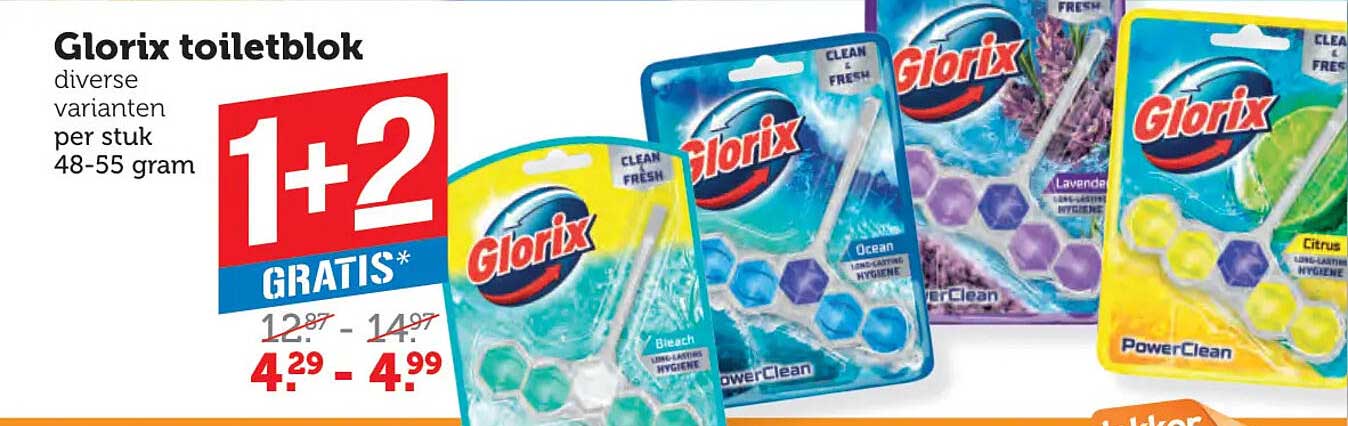 Glorix toiletblok diverse varianten per stuk 48-55 gram 1+2 GRATIS*