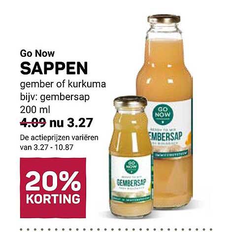 Go Now SAPPEN gember of kurkuma bijz: gembersap 200 ml 20% KORTING